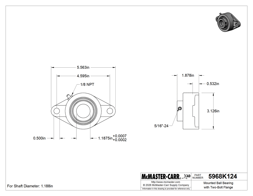Technical Drawing of Mounted Ball Bearing with Two-Bolt Flange, Cast Iron Housing, Eccentric Lock, for 1-3/16" Shaft.